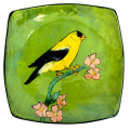 Square Dinner Plate with a Goldfinch on Grass Green