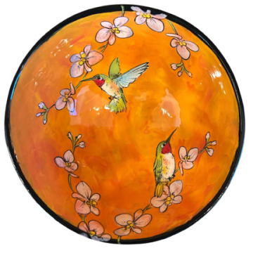 Medium Serving Bowl with Hummingbirds and Orchids on Burnt Orange