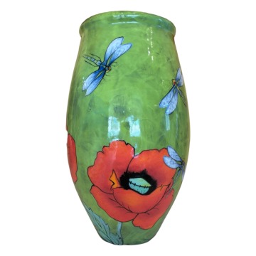Luna Vase with Oriental Poppies and Dragonflies on Grass Green